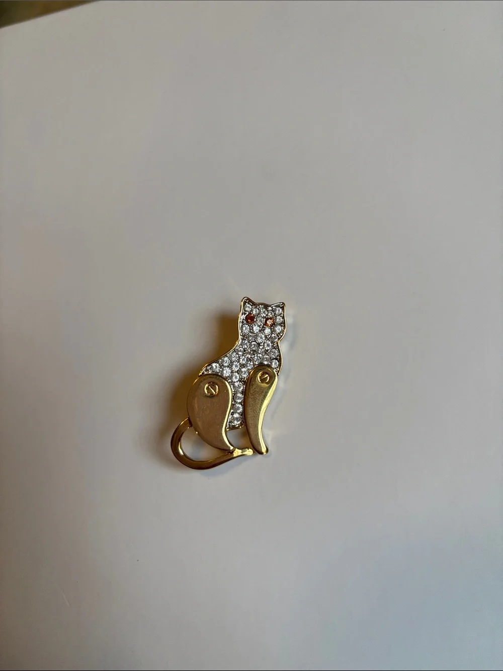 Monet Gold Tone Cat Brooch with Clear Crystals